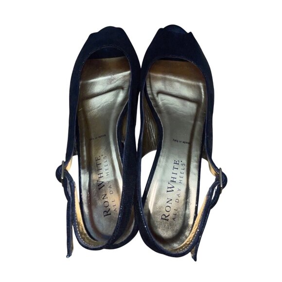 Ron White Elaine Onyx Black Geo Embossed Suede Peep Toe Slingback Wedges Size 40 - Picture 6 of 9